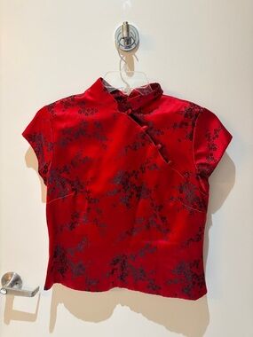 Xscape Red Satin Mandarin-Collar Floral Blouse